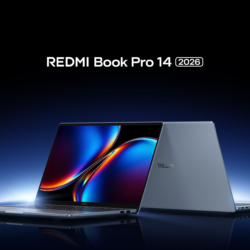 Immagine principale del Xiaomi Redmibook 14 Pro 2026, vista inclinata con alone blu e logo REDMI
