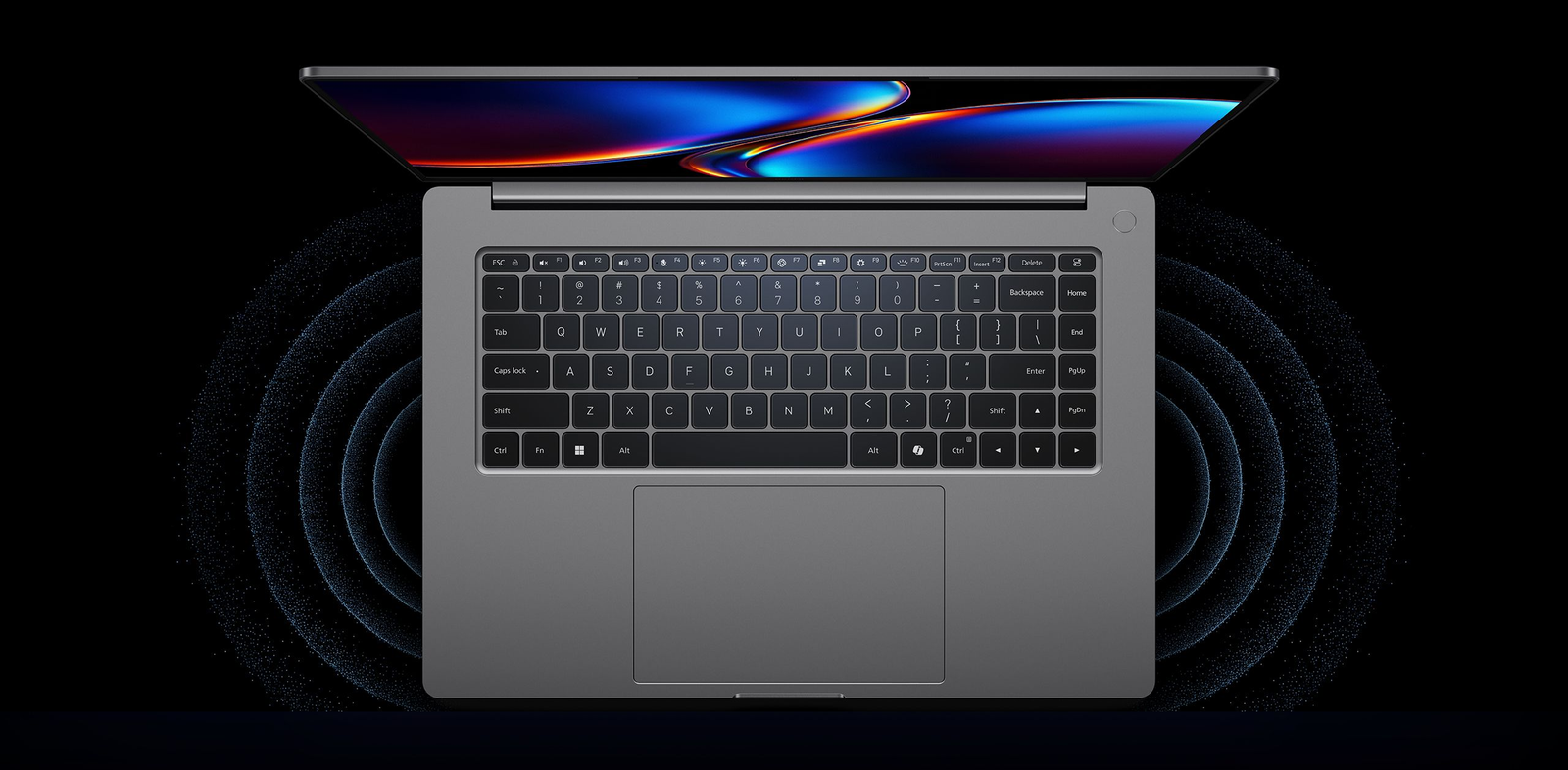 Vista dall'alto della tastiera completa e ampio touchpad dello Xiaomi Redmibook 16 Pro 2026